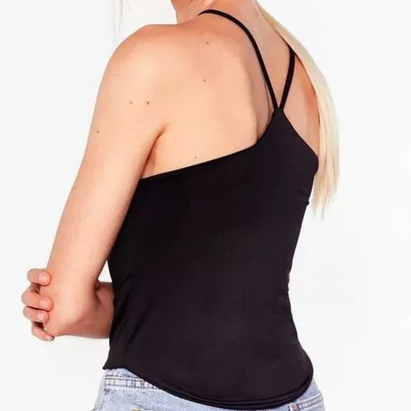 NWT Nasty Gal Black Slinky Cropped Halter Top - Size 10 - Picture 2 of 5